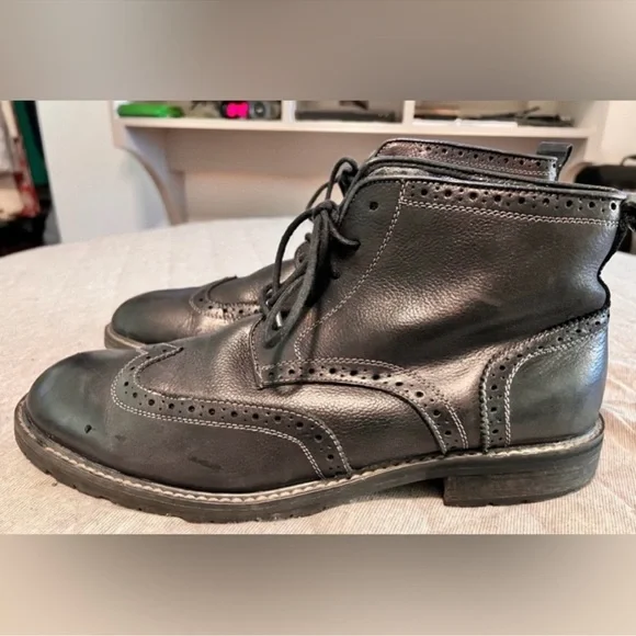 FLORSHEIM Sz 12 Gaffney Black Leather Wingtip Lace Up Ankle Boots 1960s FLORSHEIM Imperial Black Scotch Grain Leather Wingtips  main image 4